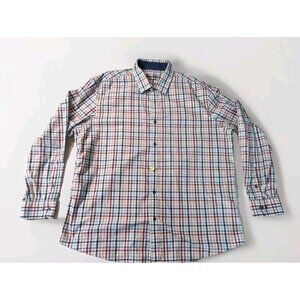 Tasso Elba Shirt Men's XXL 2XL 18-18.5 Blue White Blue Brown Plaid 100% Cotton
